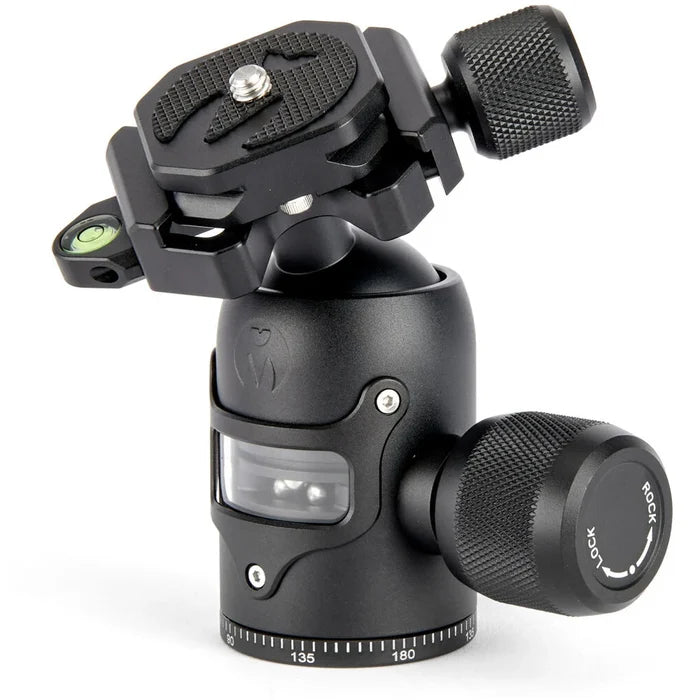 3 Legged Thing AirHed Vu Ball Head in matte black, featuring a magnesium alloy body with a clear vision panel showing the internal mechanism, Arca-type quick release plate, coloured knurled tightening knob, integrated bubble level, and 360° panning capability with independent pan lock.