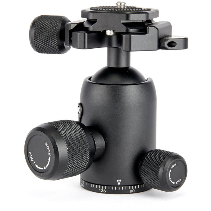 3 Legged Thing AirHed Vu Ball Head in matte black, featuring a magnesium alloy body with a clear vision panel showing the internal mechanism, Arca-type quick release plate, coloured knurled tightening knob, integrated bubble level, and 360° panning capability with independent pan lock.
