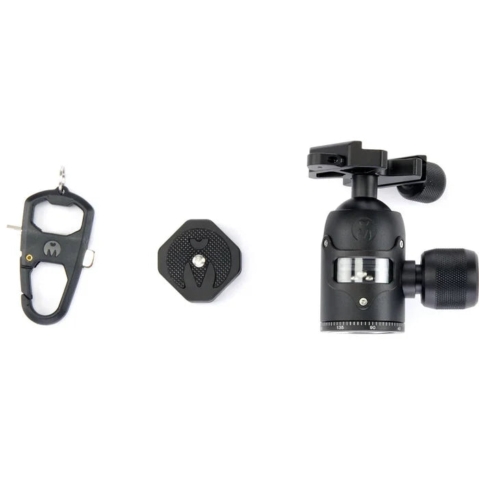 3 Legged Thing AirHed Vu Ball Head in matte black, featuring a magnesium alloy body with a clear vision panel showing the internal mechanism, Arca-type quick release plate, coloured knurled tightening knob, integrated bubble level, and 360° panning capability with independent pan lock.