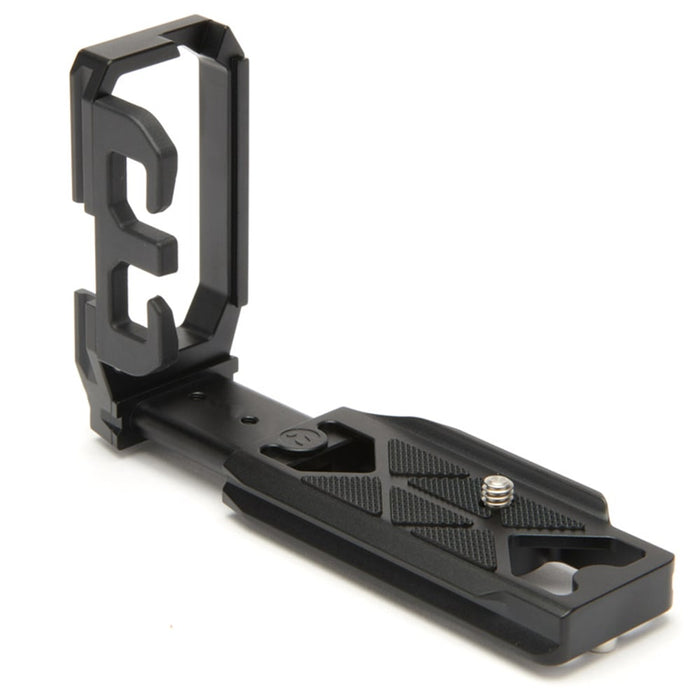 Black camera accessory on a white background