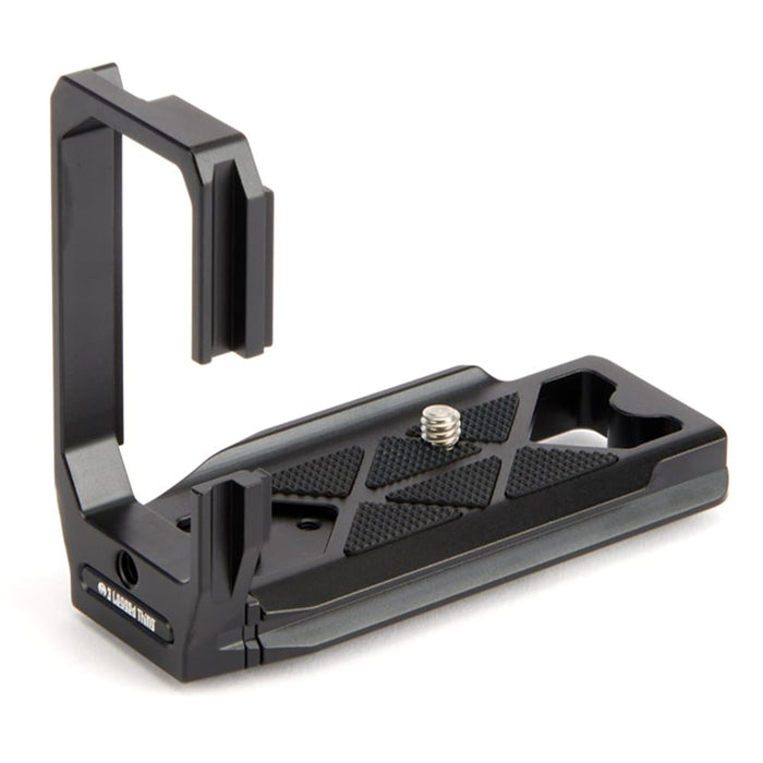 Black metal camera bracket on a white background