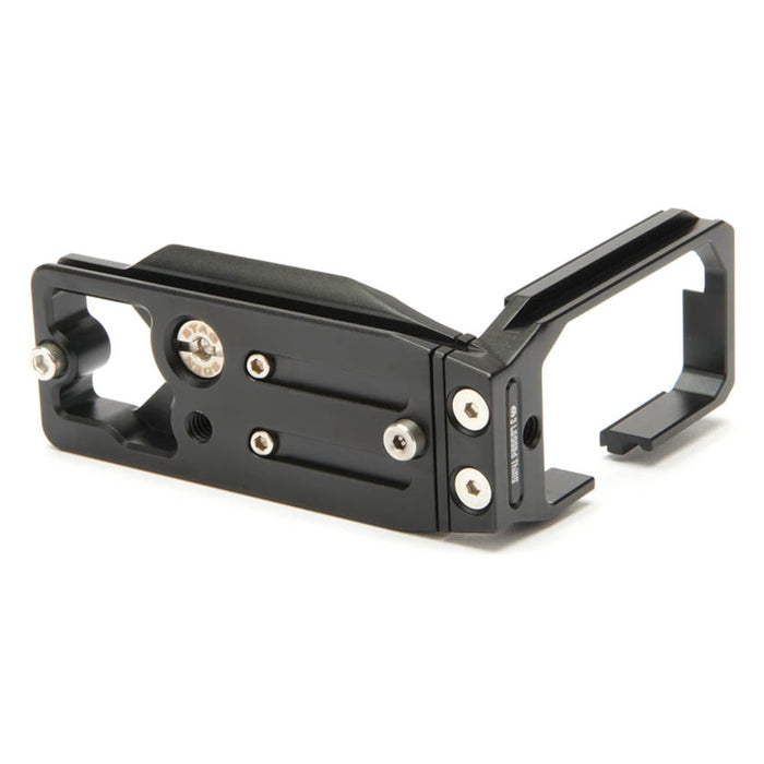 Black metal camera bracket on a white background