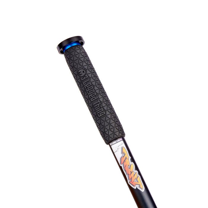 Black textured grip with colorful branding on a white background