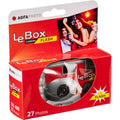 AgfaPhoto LeBox Disposable Flash Camera with 31mm fixed lens, f/9 aperture, built-in flash, 35mm ISO 400 film preloaded with 27 exposures, manual film transport and fixed focus with a minimum distance of 100 cm.
