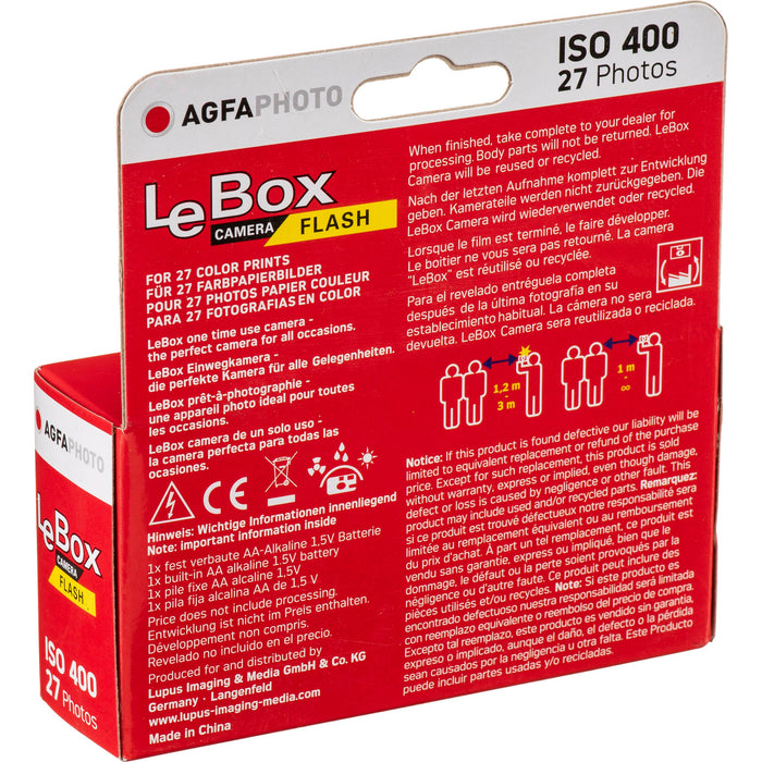 AgfaPhoto LeBox Disposable Flash Camera with 31mm fixed lens, f/9 aperture, built-in flash, 35mm ISO 400 film preloaded with 27 exposures, manual film transport and fixed focus with a minimum distance of 100 cm.