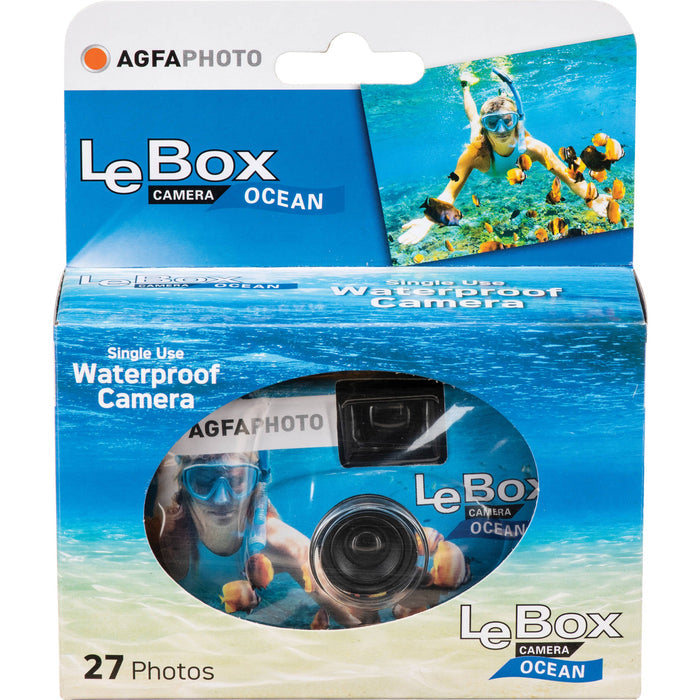 AgfaPhoto LeBox Disposable Camera – Ocean edition in blue housing, waterproof to 5 m, with built-in viewfinder and fixed-focus lens, preloaded with 27 exposures of ISO 400 film.