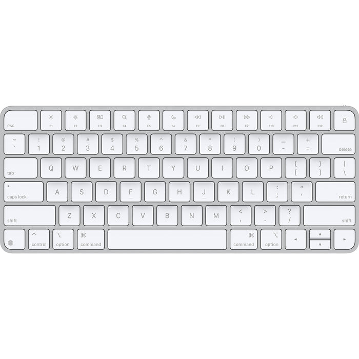 A sleek, low-profile Apple Magic Keyboard with a premium silver aluminum finish and minimalist white keys.
