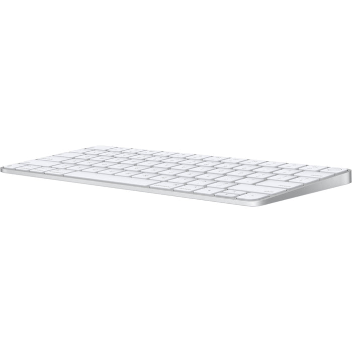 A sleek, low-profile Apple Magic Keyboard with a premium silver aluminum finish and minimalist white keys.