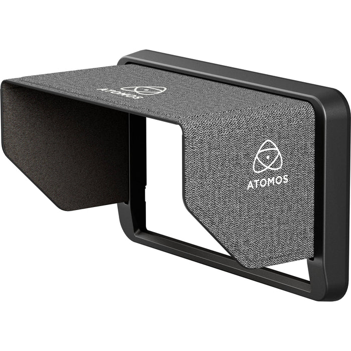 Atomos Sunhood 5″ attached to a Shinobi II monitor, shielding the screen from glare