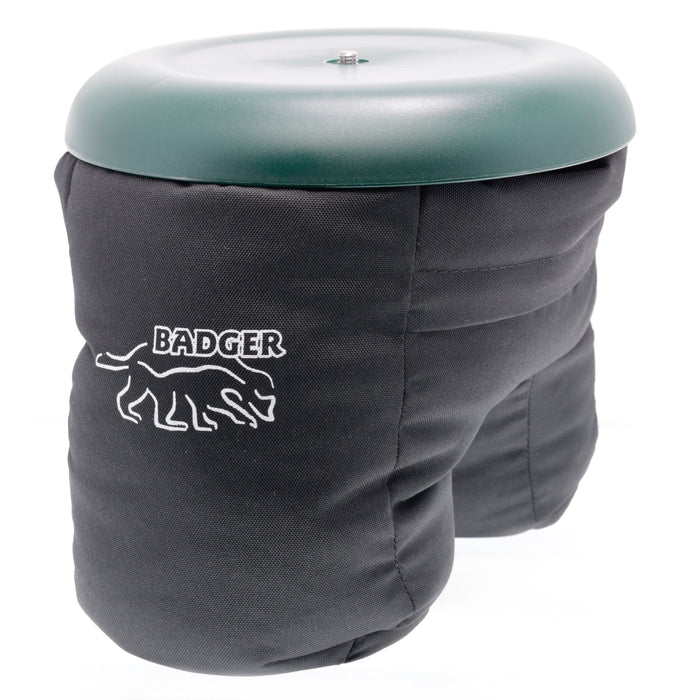 Badger Gear Ground Pod in green and black, a low-profile round camera support platform with a star‑spoke base and a central ⅜″ mounting screw; shown from top, side and angled views with adjustable pod attachment, designed for stable ground‑level or bean‑bag photography.