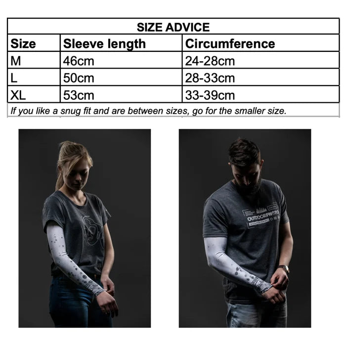A cool white arm sleeve that will cover and protect your arm from harmful sun rays and provide an extra warming layer of protection in colder weather.