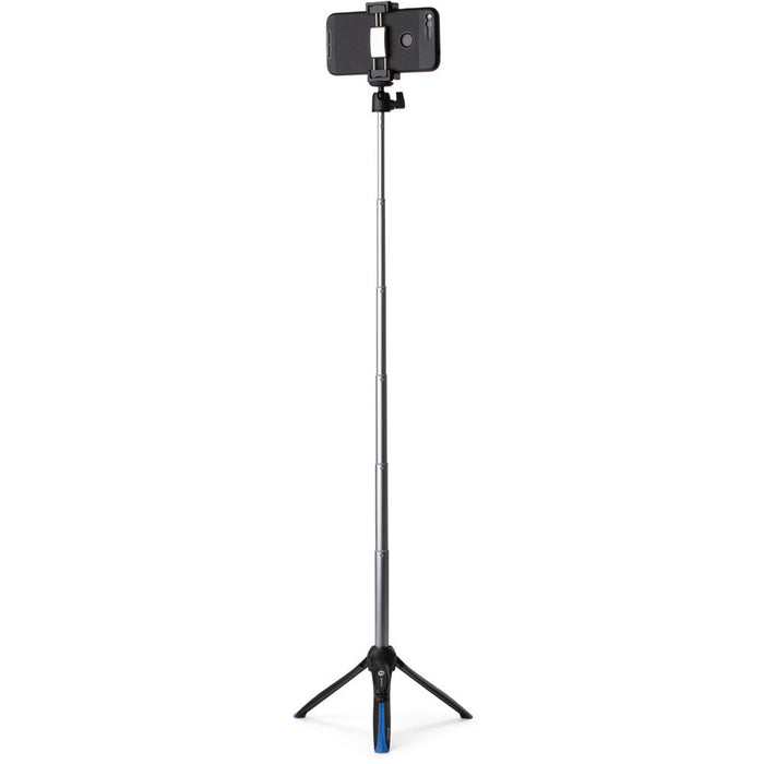 Benro BK15 tabletop tripod and selfie stick in black, featuring adjustable legs and telescopic extension with a 1/4‑inch mount for smartphones—ideal for stable shots and handheld selfies.