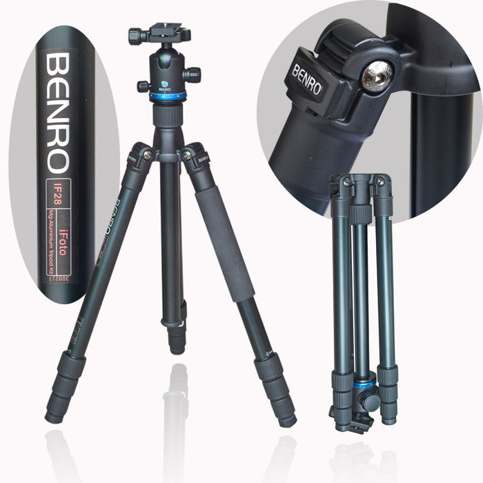 Benro iFoto IF28 aluminum travel tripod kit with 4‑section twist‑lock legs, Arca‑Swiss ball head and carry bag.