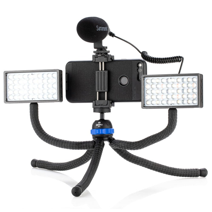 Benro KoalaPod flexible tripod with five bendable legs and phone holder, designed for smartphones.