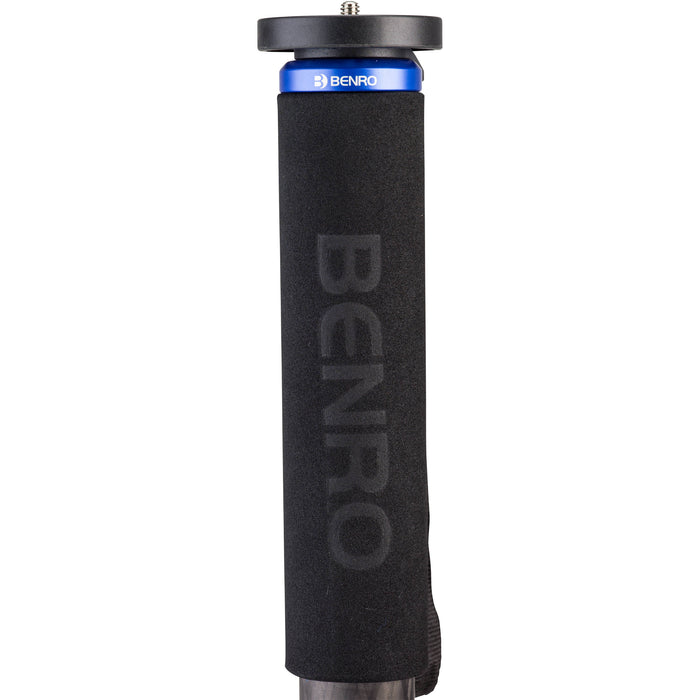 Black foam grip of a Benro monopod on a white background