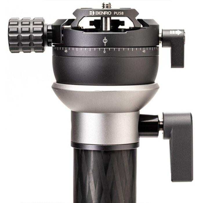 Benro SupaDupa carbon‑fiber monopod with twist‑lock sections and built‑in pan‑tilt head, rubber or spiked rotating foot