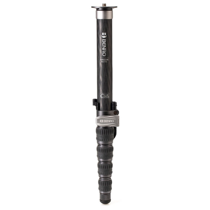 Benro SupaDupa carbon-fiber monopod with integrated pan‑tilt head, twist‑lock sections and spiked/rubber rotating foot.