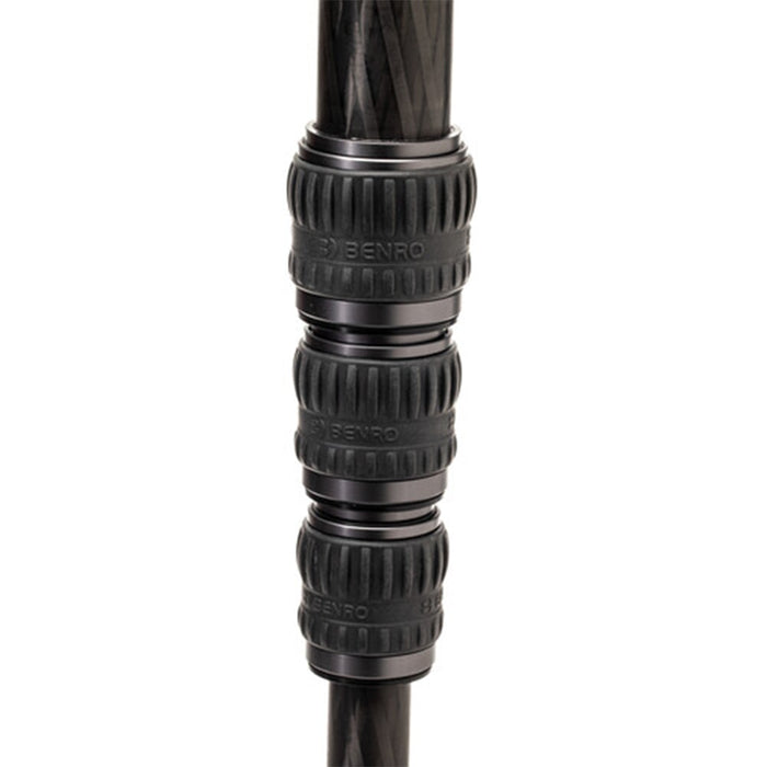 Benro SupaDupa carbon-fiber monopod with integrated pan‑tilt head, twist‑lock sections and spiked/rubber rotating foot.