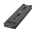 Benro PL‑150 Arca‑Swiss quick‑release plate in black aluminum (150 × 38 × 12 mm) with ¼″–20 screw and anti‑twist surface.