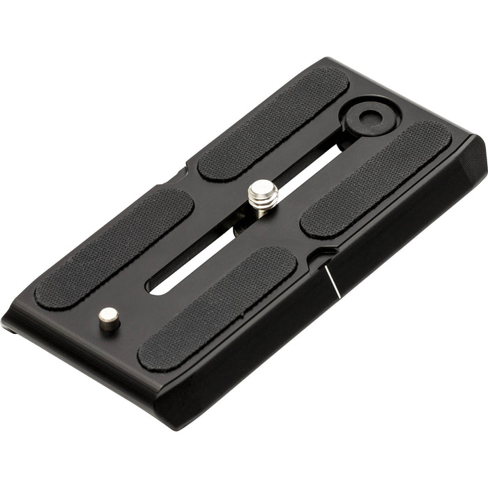 Black camera plate with one silver screw for a video head on a white background
