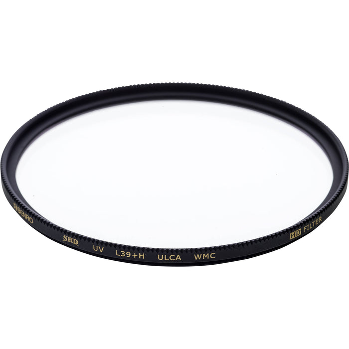 Camera lens filter with branding on a white background