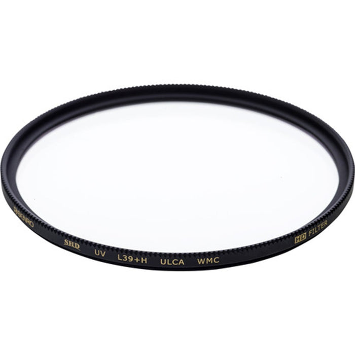 Camera lens filter with branding on a white background