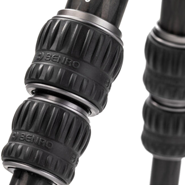 Benro Tortoise Columnless Carbon Fibre Tripod folded compactly, showcasing lightweight, stable travel design with carbon fiber legs and twist locks.