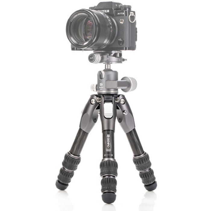 Benro Tortoise Columnless Carbon Fibre Tripod folded compactly, showcasing lightweight, stable travel design with carbon fiber legs and twist locks.