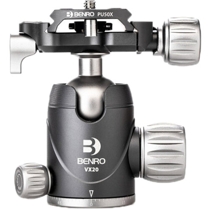 Benro VX20 Two‑Series Arca‑type aluminum ball head in black with ergonomic control knobs for smooth pan and tilt adjustments.
