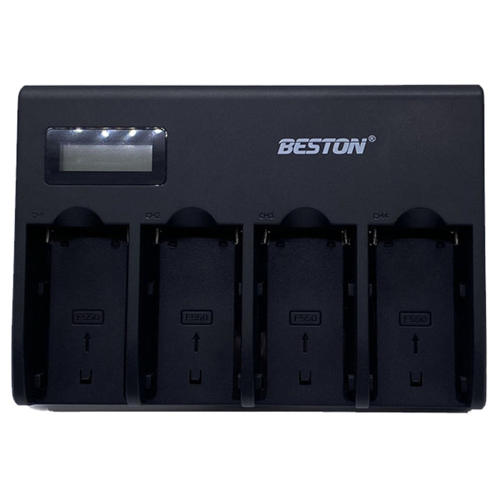 Beston 4-bay charger for Sony NP-F550/750/970 batteries — black multi-slot charging unit with LED indicators.