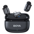 Boya Mini-14 Ultra-Mini Wireless Microphone System (USB-C), featuring 2 compact 5g transmitters, 1 USB-C receiver, 3-level noise cancellation, 3 voice changer modes, 48 kHz/16-bit audio, up to 100m wireless range, and 6-hour battery life with charging case.