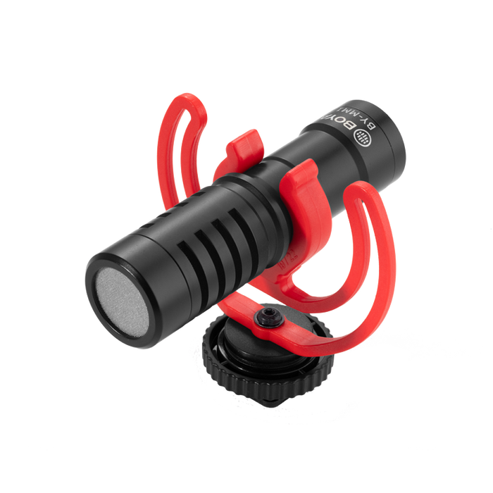 Boya Mini BY-MM1 microphone with shock absorbing bracket that goes onto a hotshoe.