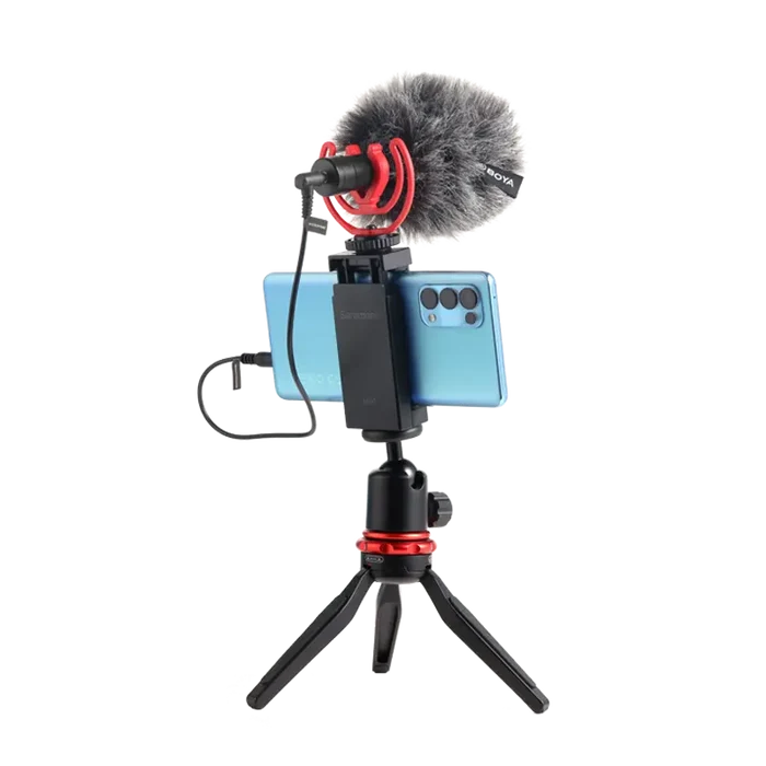 Boya microphone used with a phone as an example.