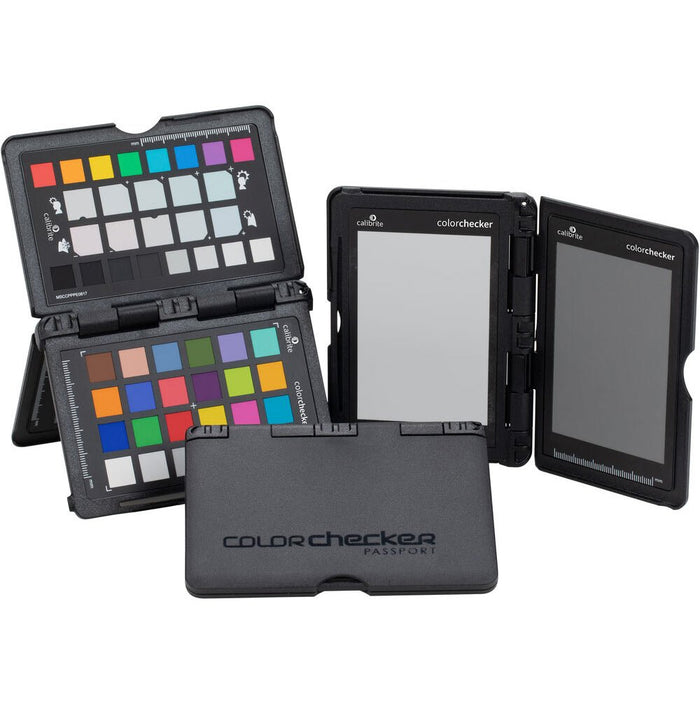 ColorChecker passport with color swatch chart and gray card on a white background