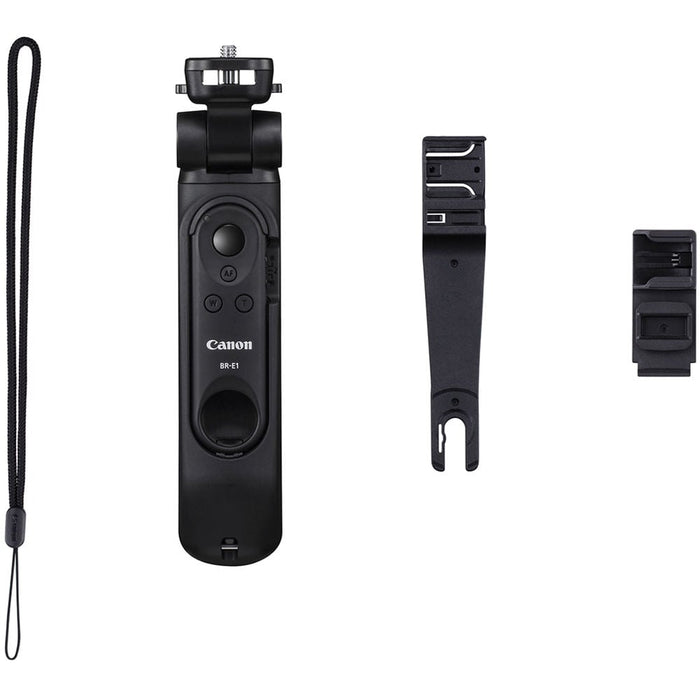 Canon HG‑100TBR Tripod Grip—black and dark grey handheld grip with 1/4‑inch tripod threads, ergonomic textured body, wrist strap attachment, and collapsible design for tripod and gimbal support.