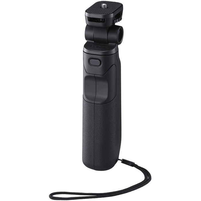 Canon HG‑100TBR Tripod Grip—black and dark grey handheld grip with 1/4‑inch tripod threads, ergonomic textured body, wrist strap attachment, and collapsible design for tripod and gimbal support.