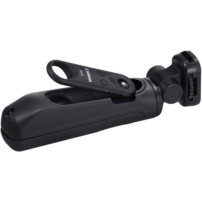 Canon HG‑100TBR Tripod Grip—black and dark grey handheld grip with 1/4‑inch tripod threads, ergonomic textured body, wrist strap attachment, and collapsible design for tripod and gimbal support.