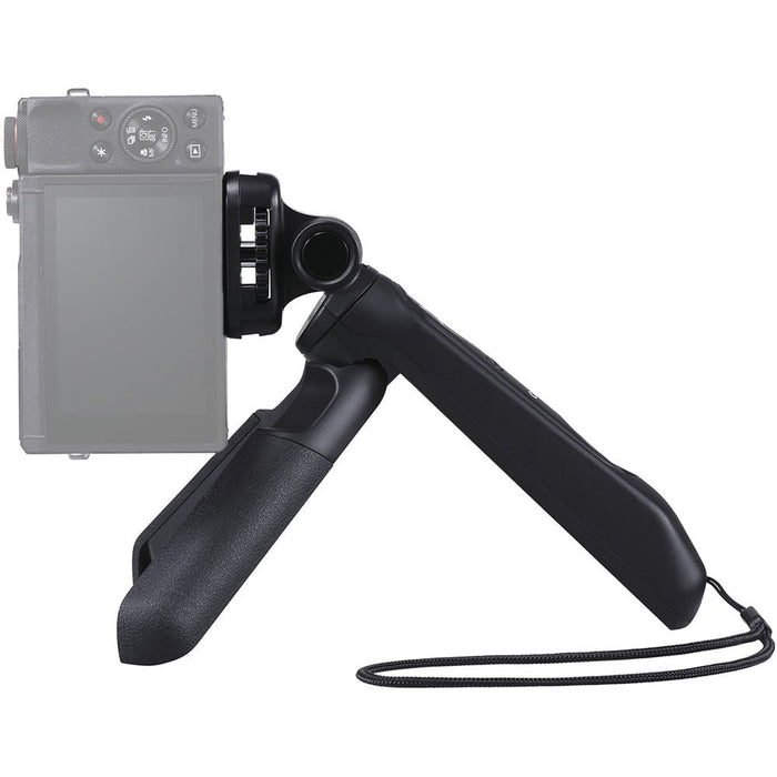 Canon HG‑100TBR Tripod Grip—black and dark grey handheld grip with 1/4‑inch tripod threads, ergonomic textured body, wrist strap attachment, and collapsible design for tripod and gimbal support.