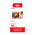Canon KP-108IN Color Ink and Paper Set for SELPHY printers, featuring 108 sheets of 4x6 photo paper and three matching ink cassettes