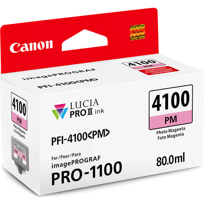 Canon PFI-4100 Photo Magenta ink, featuring Lucia pigment technology, delivers professional-grade prints with stunning colours and scratch resistance.