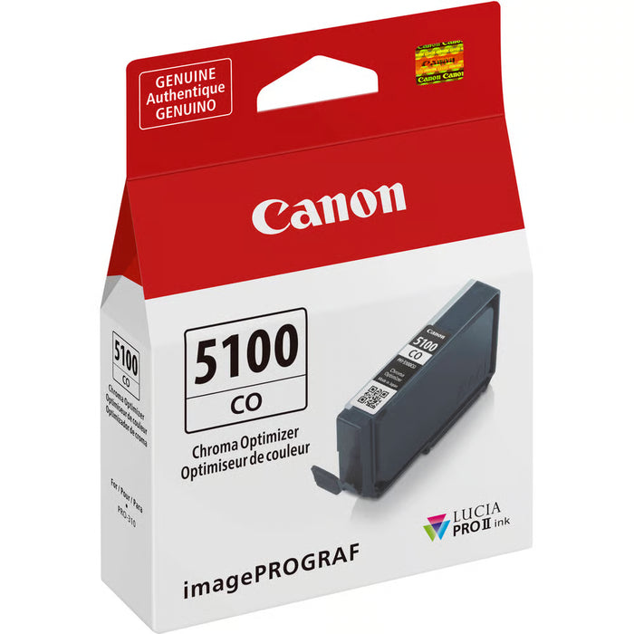 The Canon PFI-5100 Chroma Optimiser Ink Cartridge improves gloss uniformity, enhances vibrancy, and flattens the surface for perfect photo finishes.