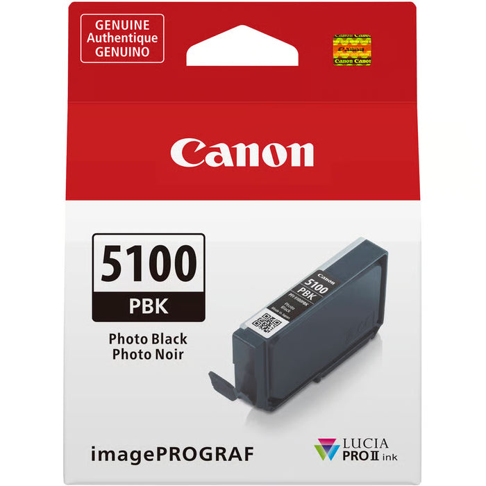 The Canon PFI-5100 Photo Black Ink Cartridge for Pro-310 enhances contrast and detail in glossy prints, ensuring crisp, professional-quality results.