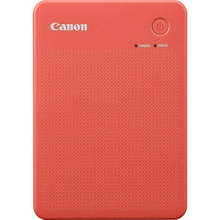 Canon SELPHY Square QX20 portable photo printer in terracotta red, compact rectangular body with integrated paper slot.