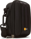 Black zippered pouch with a visible brand logo on a white background