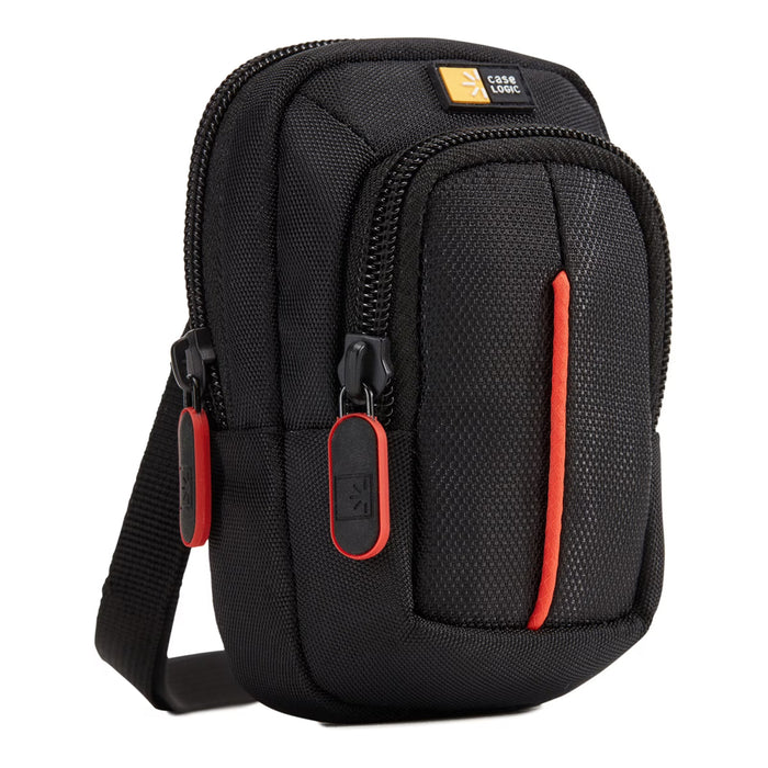Compact digital camera case with vibrant accents, zippered pocket, and detachable lanyard, designed for travel and everyday use.