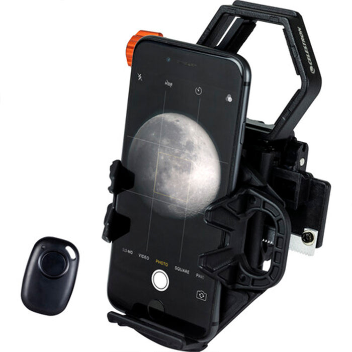 Celestron NexGo DX 2-axis smartphone adapter with Bluetooth remote for telescopes and microscopes