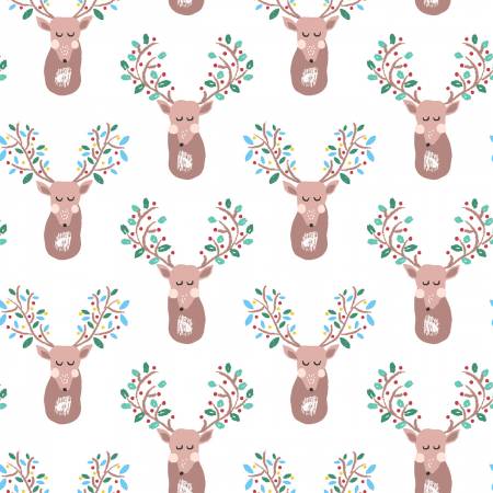 Deer Reindeer Buck Fawn Woodland on White Fabric by the yard