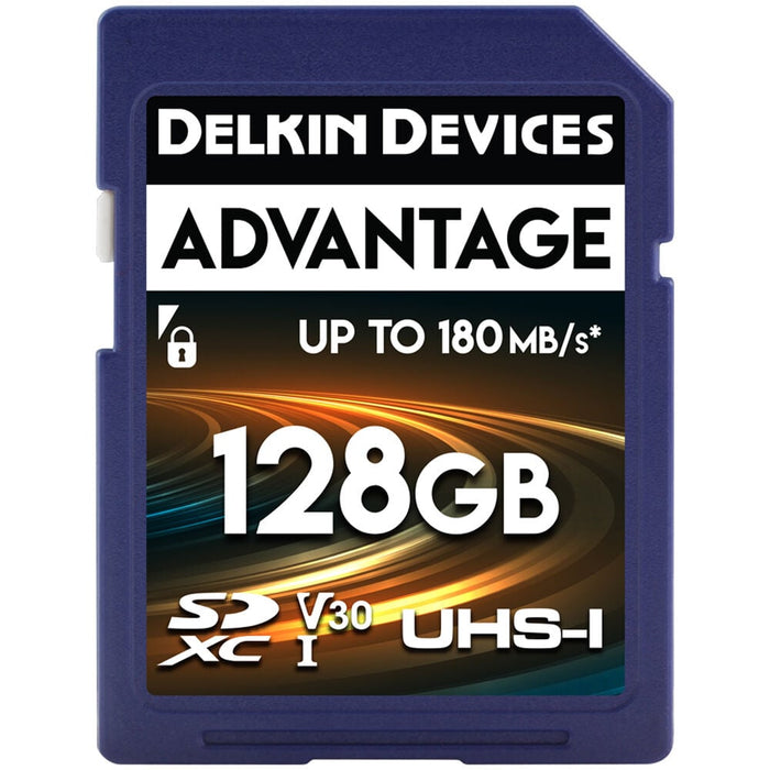 Delkin 128GB UHS-I SDXC Memory Card, 180MB/s, V30, 4K video, durable and fast.
