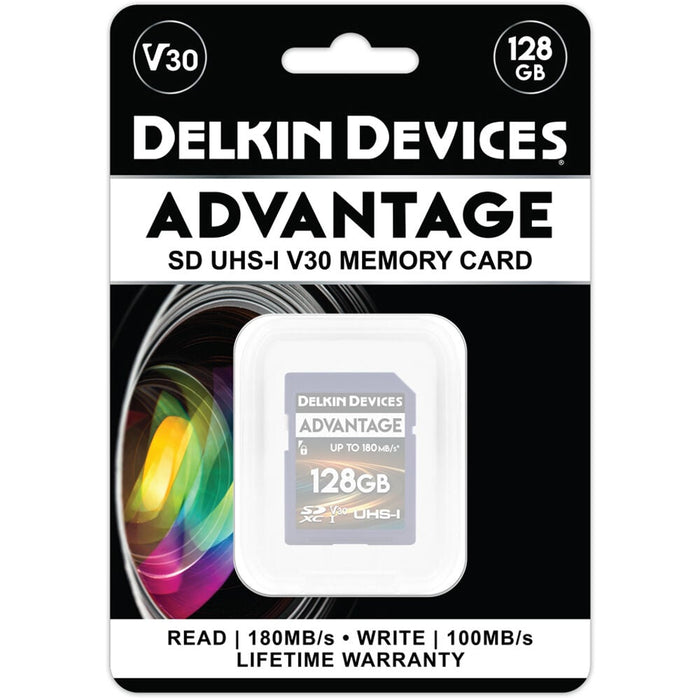 Delkin 128GB UHS-I SDXC Memory Card, 180MB/s, V30, 4K video, durable and fast.