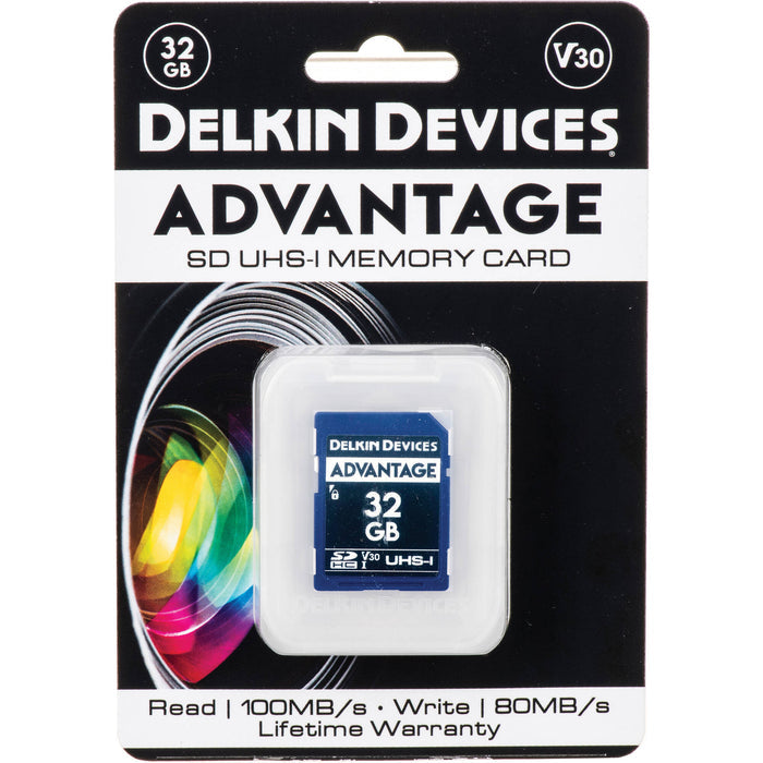 Delkin Devices Advantage 32GB SD UHS-I memory card packaging on a white background